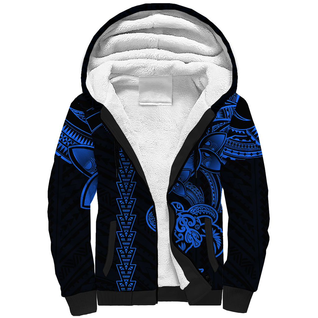 Hawaiian Tribal Sherpa Hoodie Polynesian Kakau Turtle - Blue - Wonder Print Shop