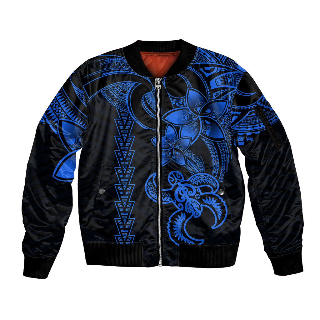 Hawaiian Tribal Sleeve Zip Bomber Jacket Polynesian Kakau Turtle - Blue - Wonder Print Shop