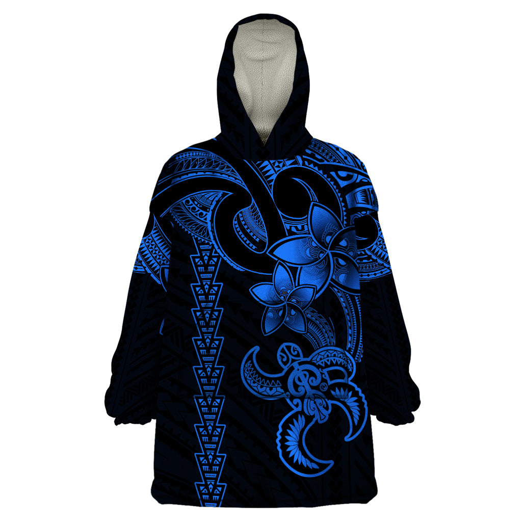 Hawaiian Tribal Wearable Blanket Hoodie Polynesian Kakau Turtle - Blue - Wonder Print Shop