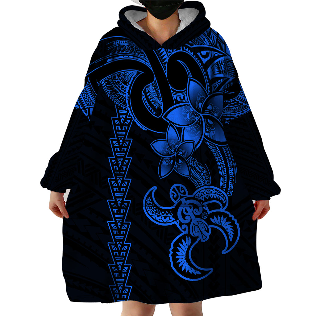 Hawaiian Tribal Wearable Blanket Hoodie Polynesian Kakau Turtle - Blue - Wonder Print Shop