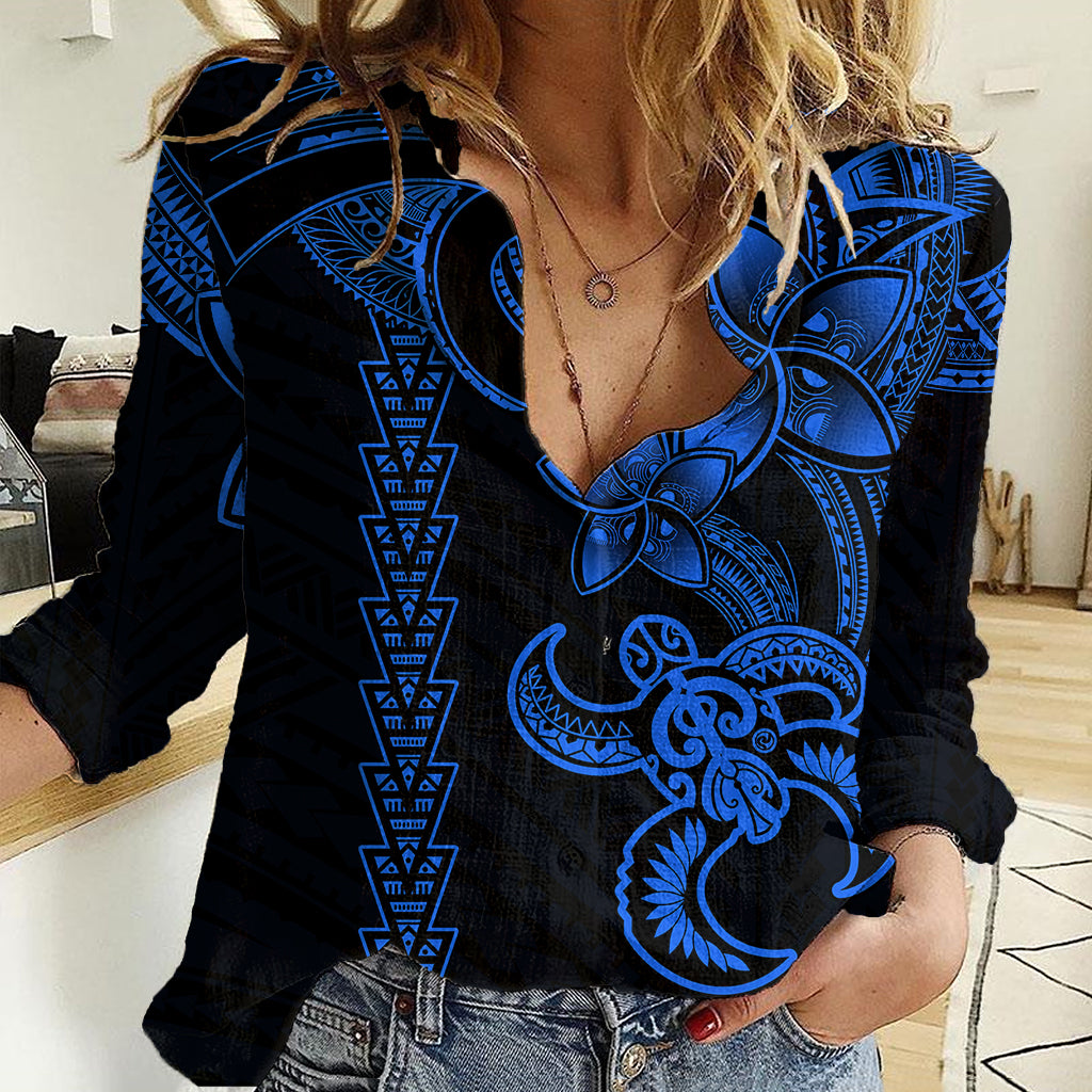 Hawaiian Tribal Women Casual Shirt Polynesian Kakau Turtle - Blue - Wonder Print Shop