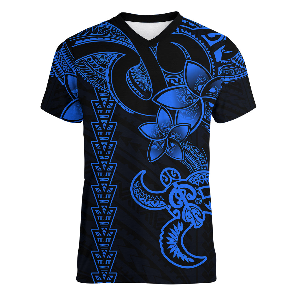 Hawaiian Tribal Women V Neck T Shirt Polynesian Kakau Turtle - Blue - Wonder Print Shop