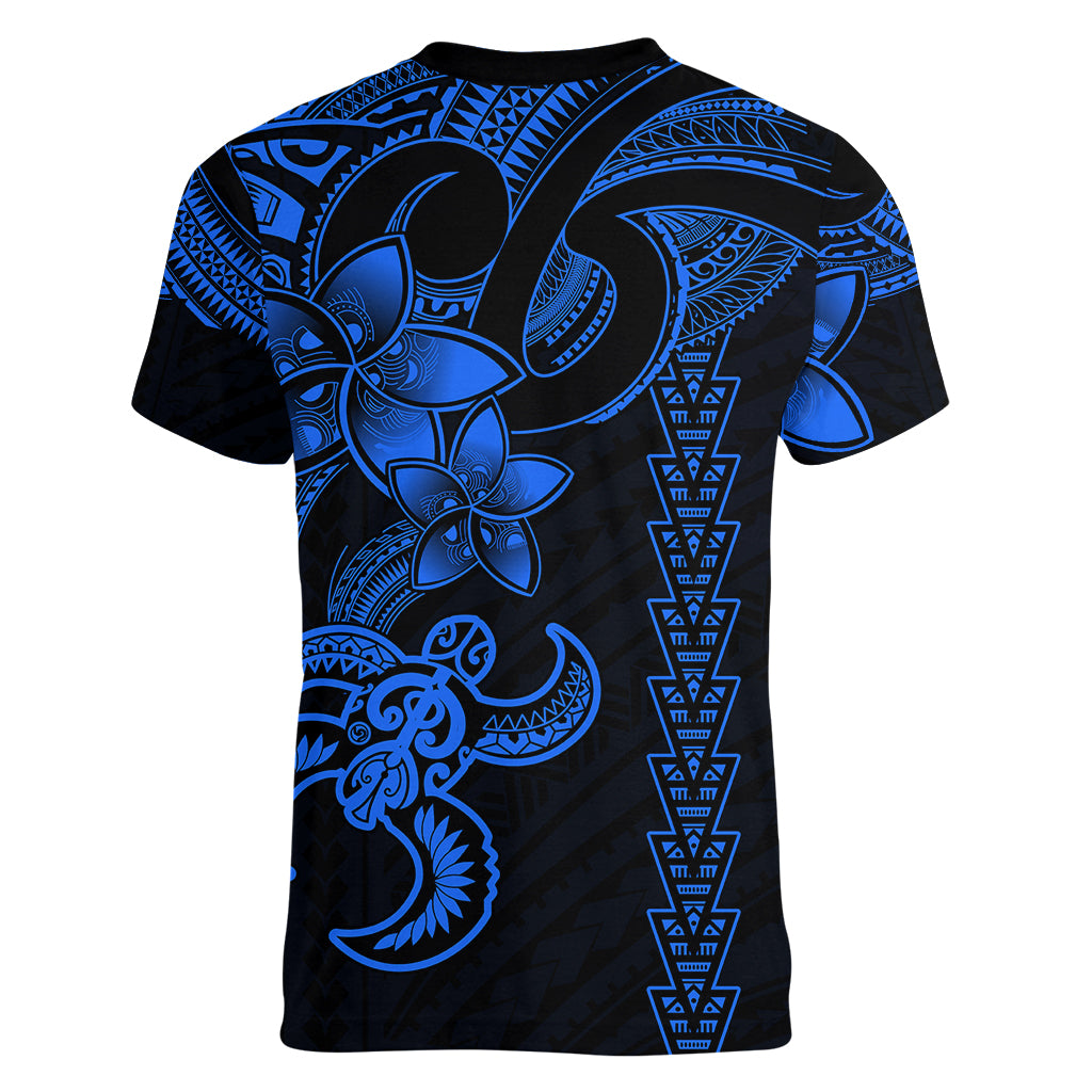 Hawaiian Tribal Women V Neck T Shirt Polynesian Kakau Turtle - Blue - Wonder Print Shop