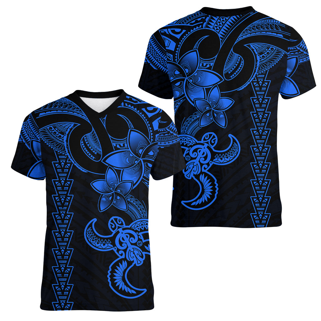 Hawaiian Tribal Women V Neck T Shirt Polynesian Kakau Turtle - Blue - Wonder Print Shop