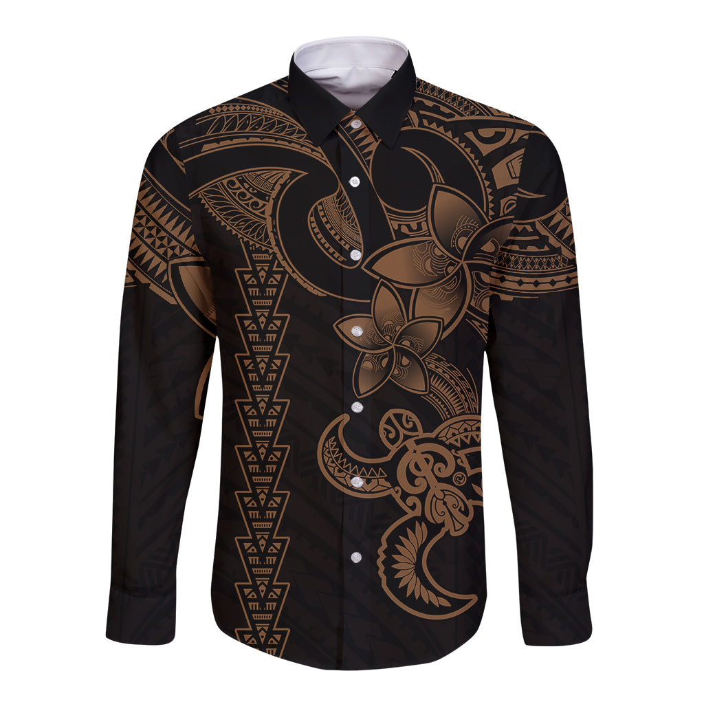 Hawaiian Tribal Long Sleeve Button Shirt Polynesian Kakau Turtle - Gold - Wonder Print Shop