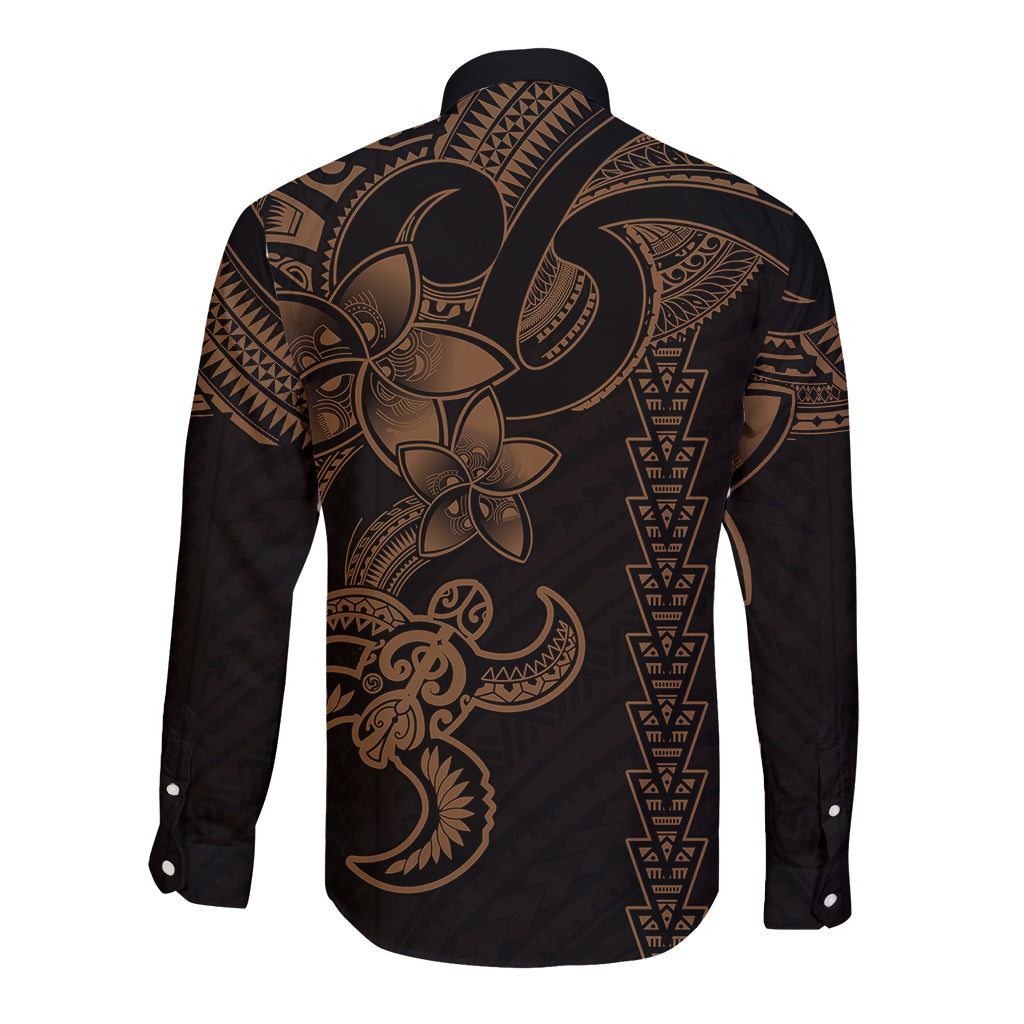 Hawaiian Tribal Long Sleeve Button Shirt Polynesian Kakau Turtle - Gold - Wonder Print Shop