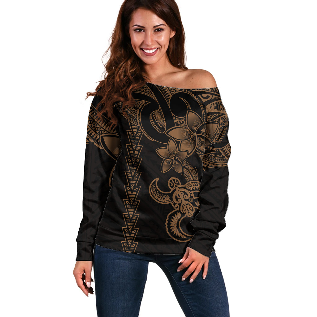 Hawaiian Tribal Off Shoulder Sweater Polynesian Kakau Turtle - Gold - Wonder Print Shop