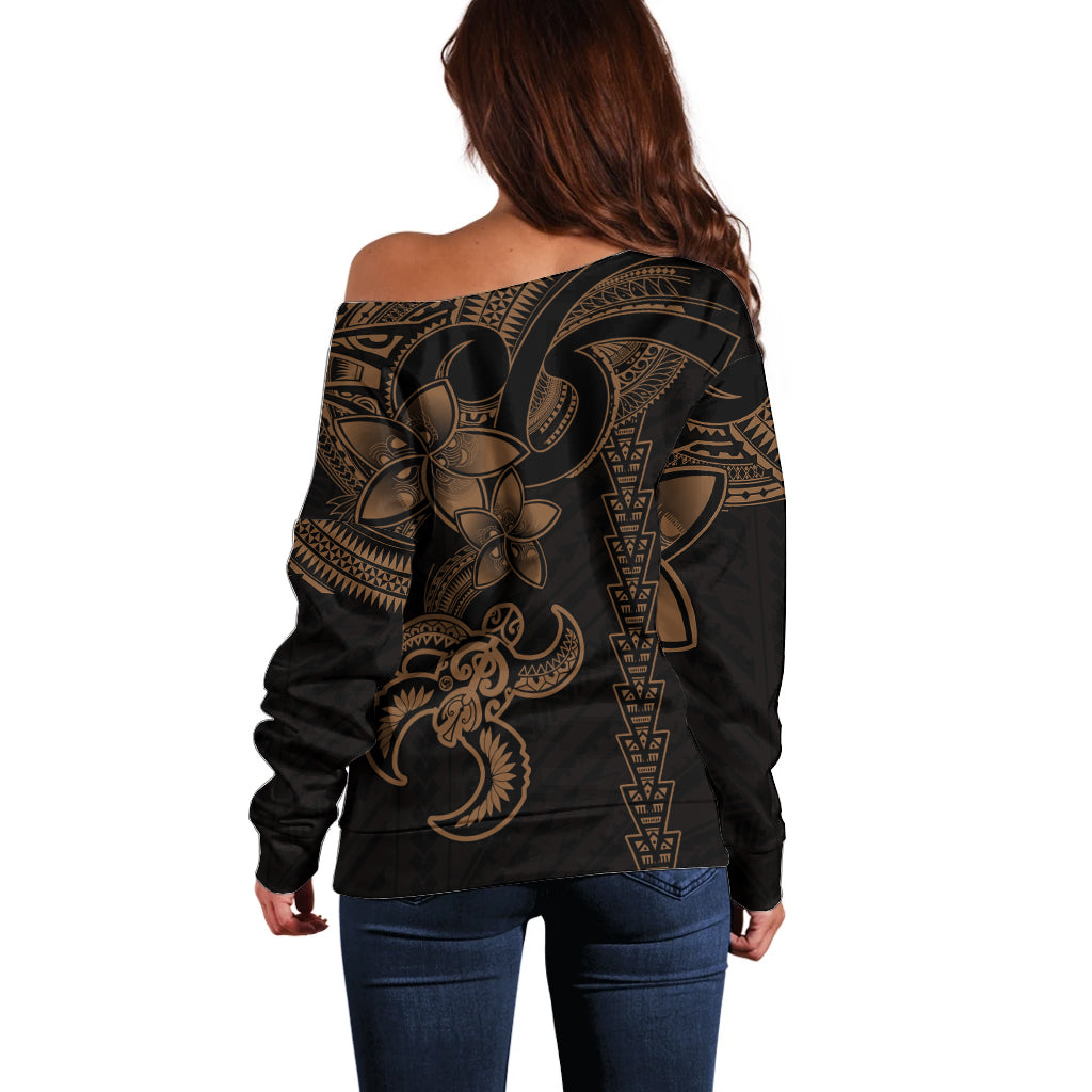 Hawaiian Tribal Off Shoulder Sweater Polynesian Kakau Turtle - Gold - Wonder Print Shop