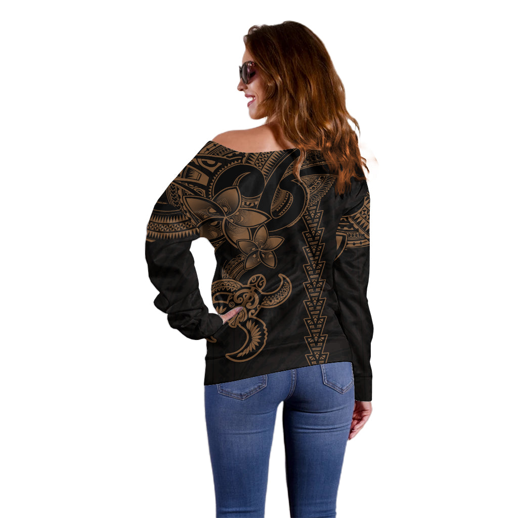 Hawaiian Tribal Off Shoulder Sweater Polynesian Kakau Turtle - Gold - Wonder Print Shop