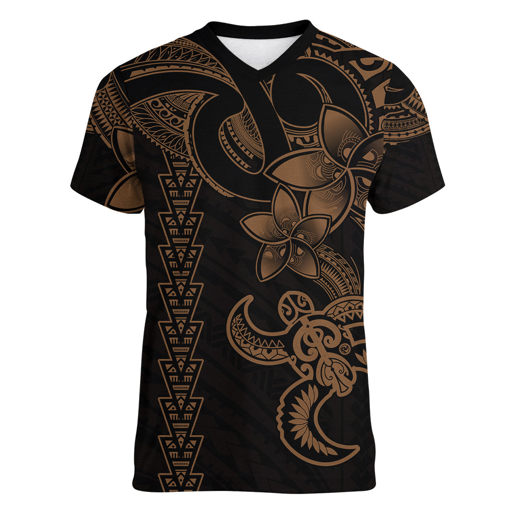 Hawaiian Tribal Women V Neck T Shirt Polynesian Kakau Turtle - Gold - Wonder Print Shop