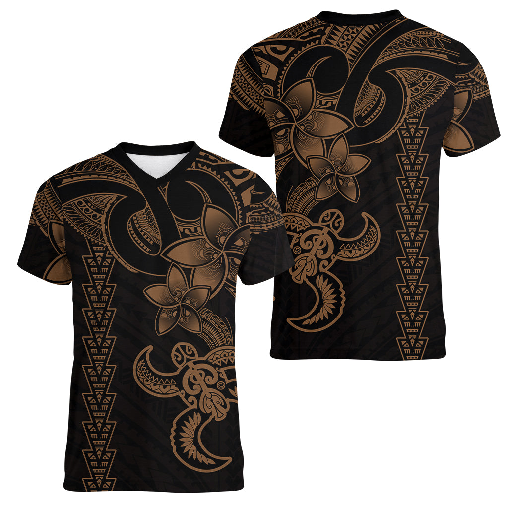Hawaiian Tribal Women V Neck T Shirt Polynesian Kakau Turtle - Gold - Wonder Print Shop