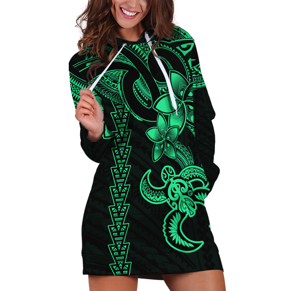 Hawaiian Tribal Hoodie Dress Polynesian Kakau Turtle - Green - Wonder Print Shop