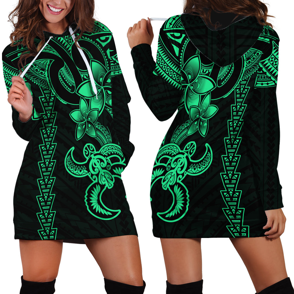 Hawaiian Tribal Hoodie Dress Polynesian Kakau Turtle - Green - Wonder Print Shop