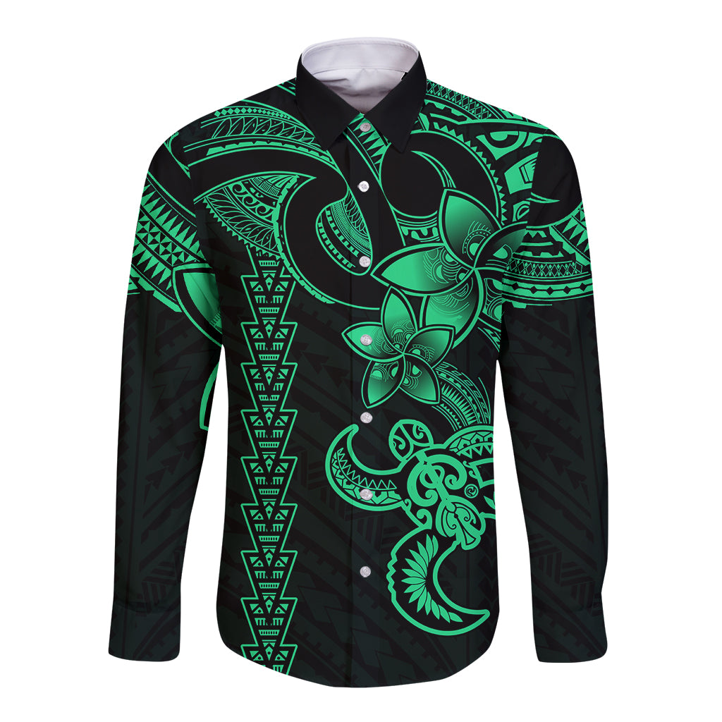 Hawaiian Tribal Long Sleeve Button Shirt Polynesian Kakau Turtle - Green - Wonder Print Shop