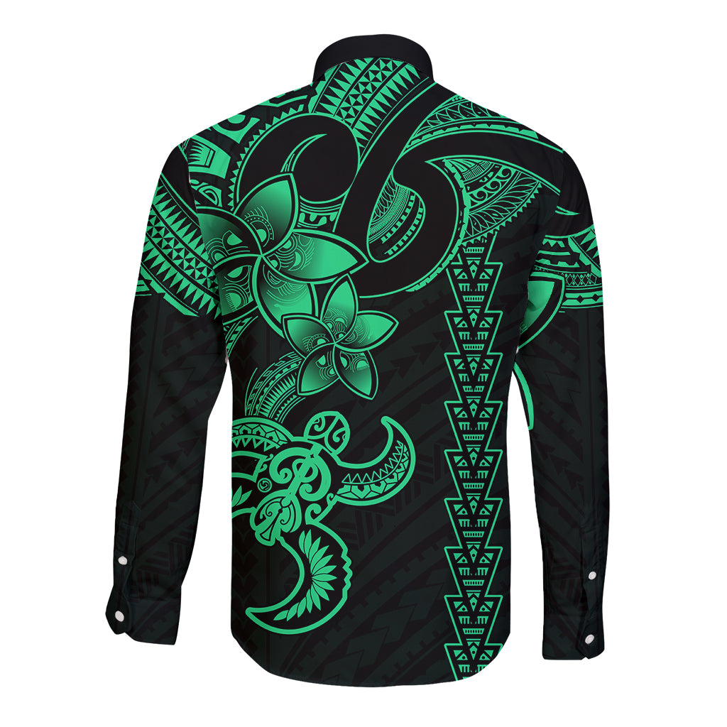Hawaiian Tribal Long Sleeve Button Shirt Polynesian Kakau Turtle - Green - Wonder Print Shop