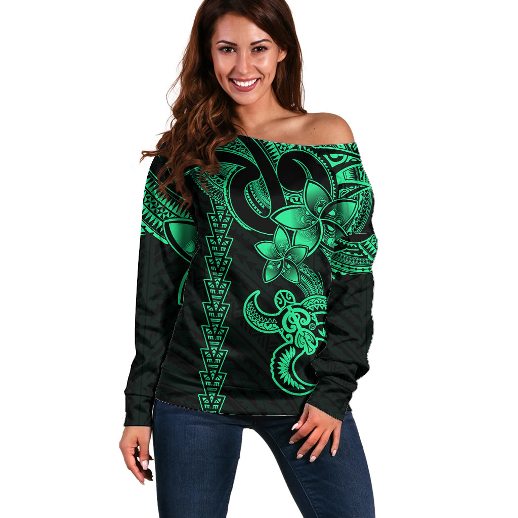 Hawaiian Tribal Off Shoulder Sweater Polynesian Kakau Turtle - Green - Wonder Print Shop