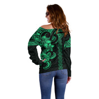 Hawaiian Tribal Off Shoulder Sweater Polynesian Kakau Turtle - Green - Wonder Print Shop