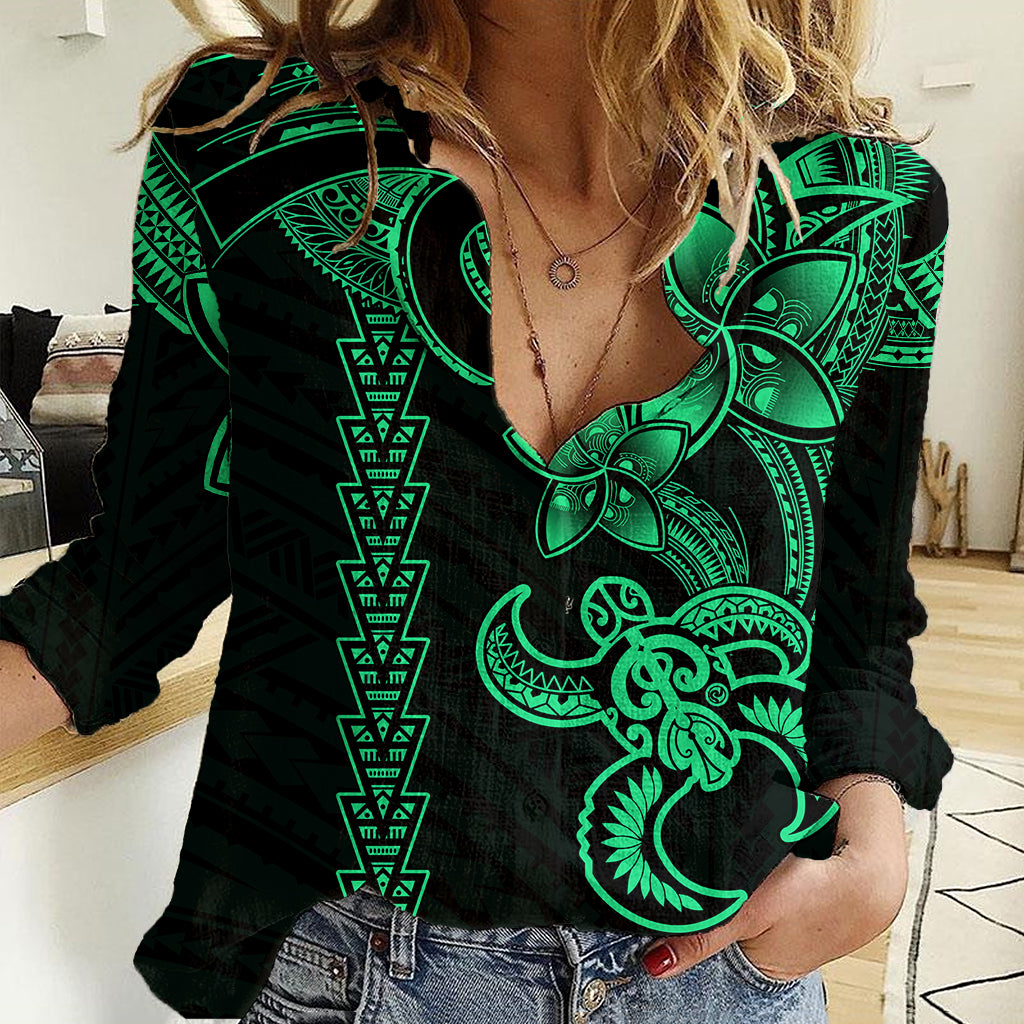 Hawaiian Tribal Women Casual Shirt Polynesian Kakau Turtle - Green - Wonder Print Shop