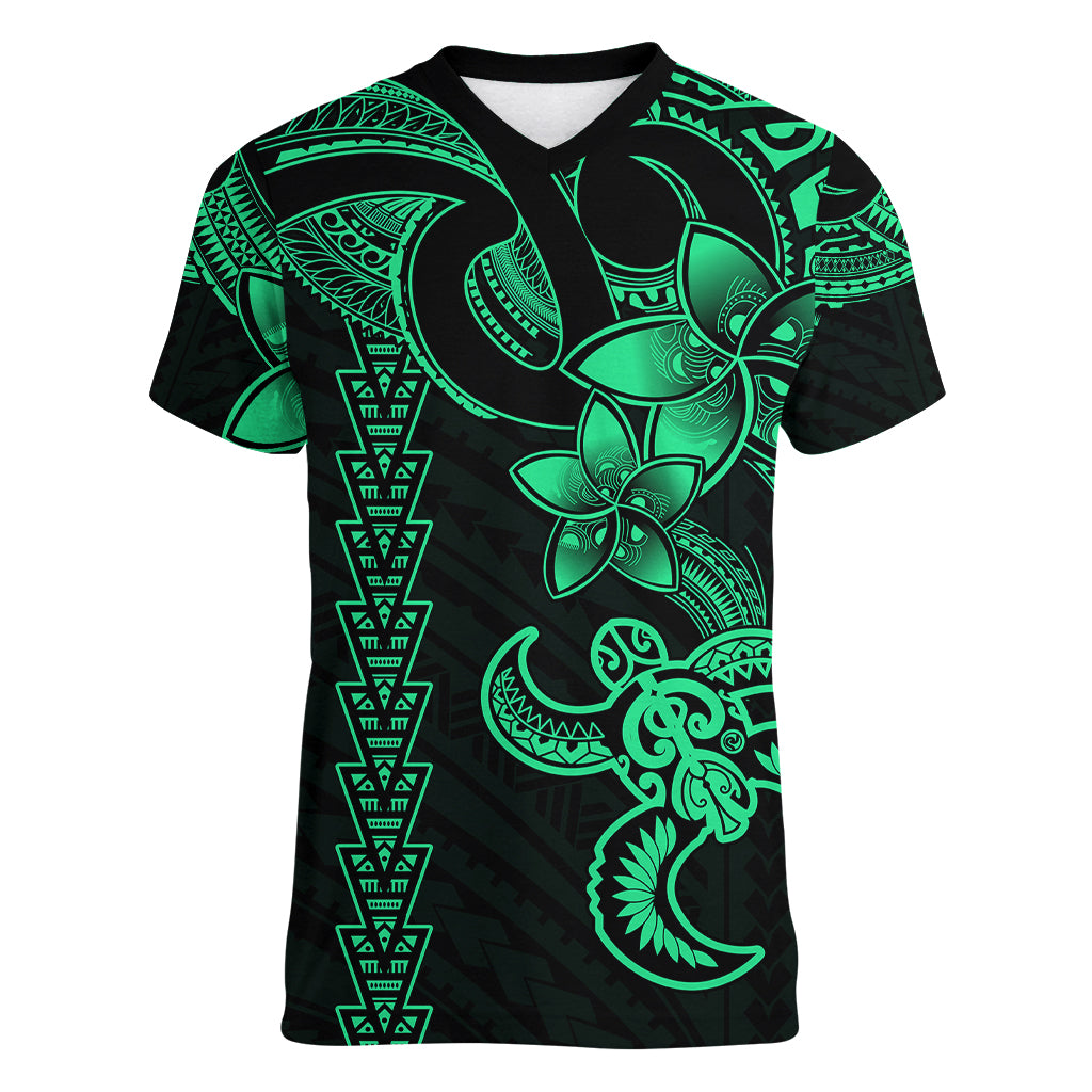 Hawaiian Tribal Women V Neck T Shirt Polynesian Kakau Turtle - Green - Wonder Print Shop