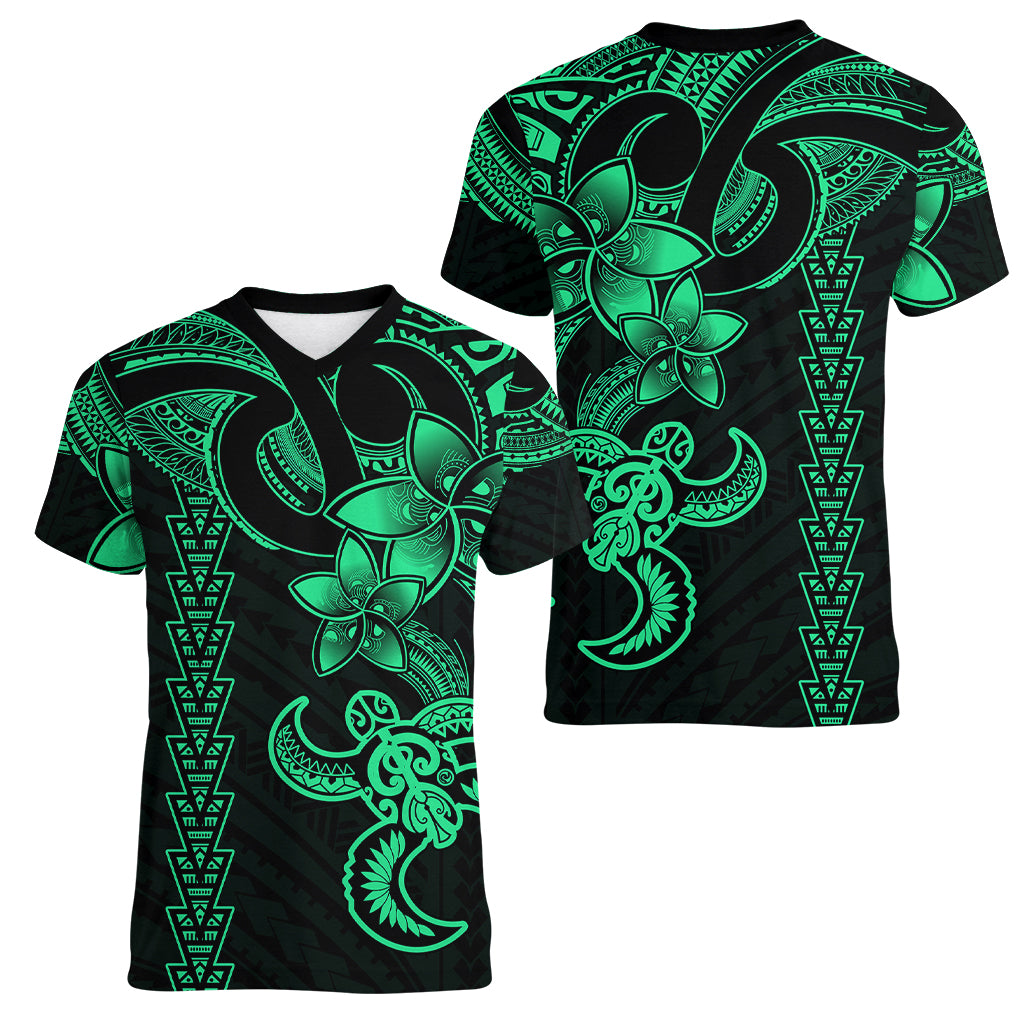 Hawaiian Tribal Women V Neck T Shirt Polynesian Kakau Turtle - Green - Wonder Print Shop