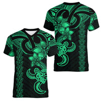 Hawaiian Tribal Women V Neck T Shirt Polynesian Kakau Turtle - Green - Wonder Print Shop