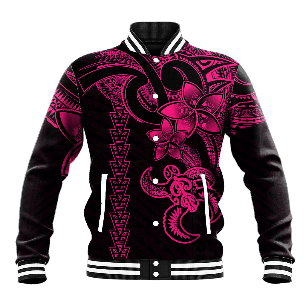 Hawaiian Tribal Baseball Jacket Polynesian Kakau Turtle - Pink LT9 - Wonder Print Shop