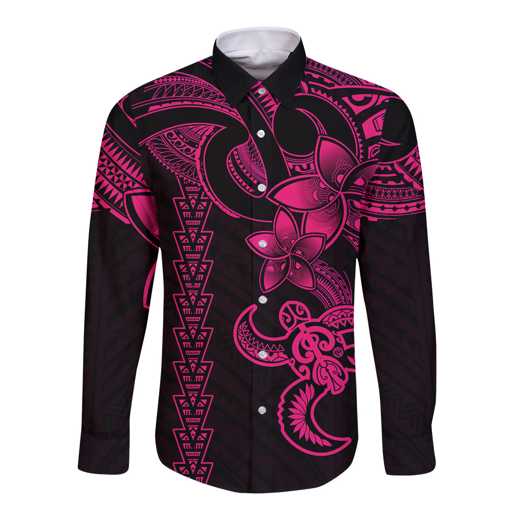 Hawaiian Tribal Long Sleeve Button Shirt Polynesian Kakau Turtle - Pink - Wonder Print Shop