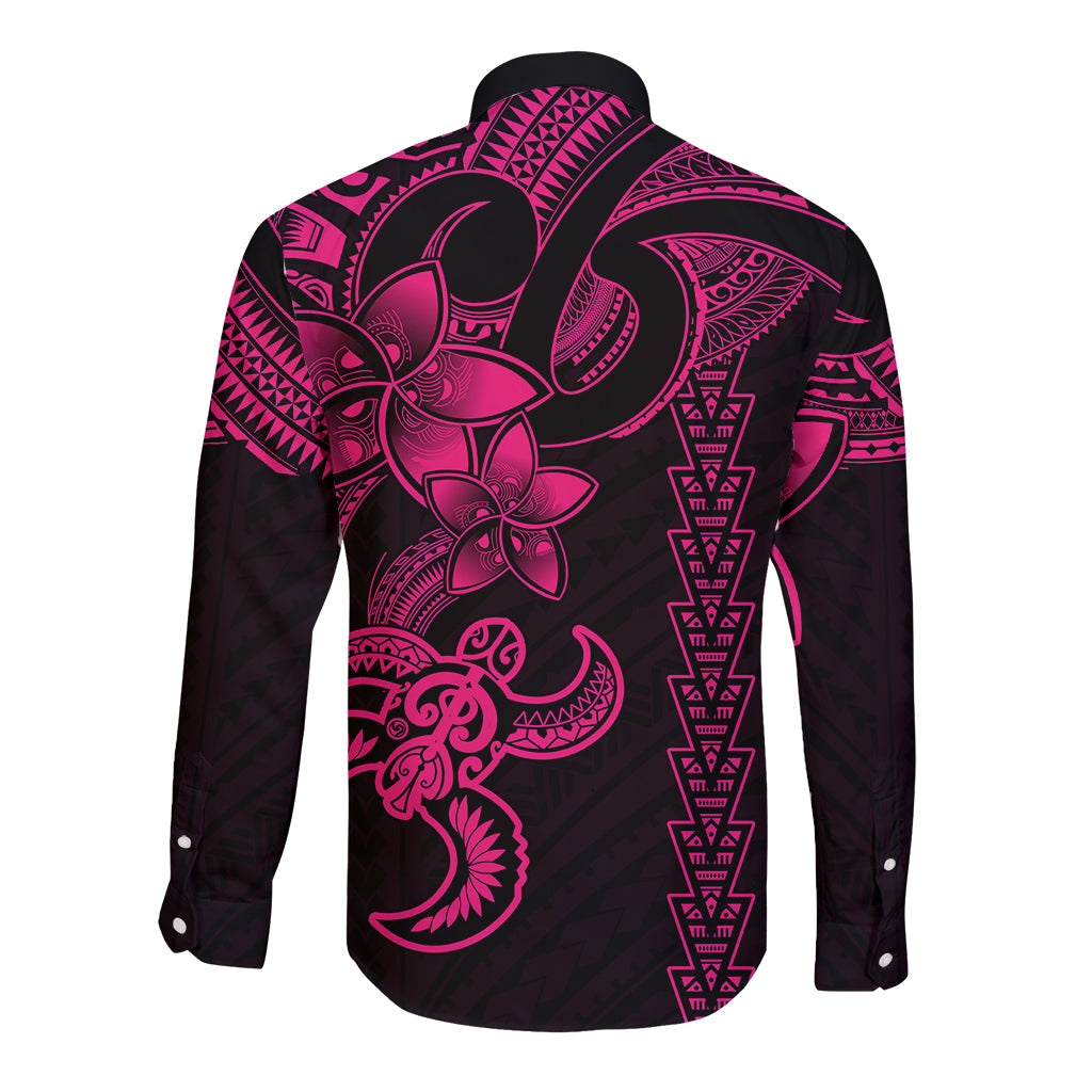 Hawaiian Tribal Long Sleeve Button Shirt Polynesian Kakau Turtle - Pink - Wonder Print Shop