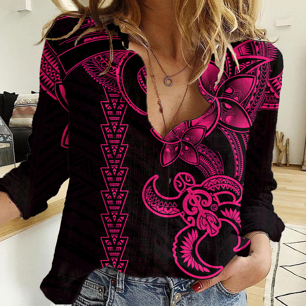 Hawaiian Tribal Women Casual Shirt Polynesian Kakau Turtle - Pink - Wonder Print Shop