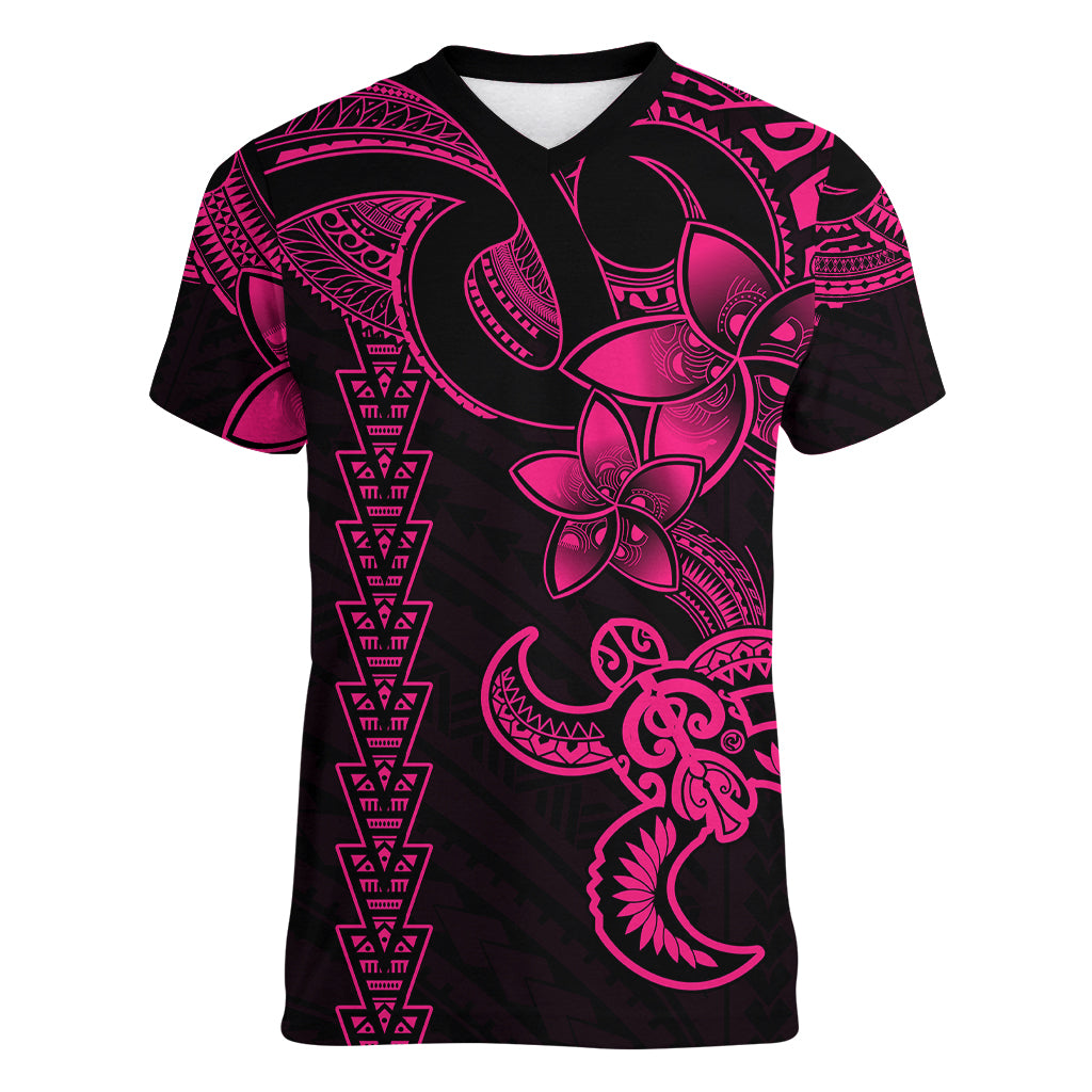 Hawaiian Tribal Women V Neck T Shirt Polynesian Kakau Turtle - Pink - Wonder Print Shop