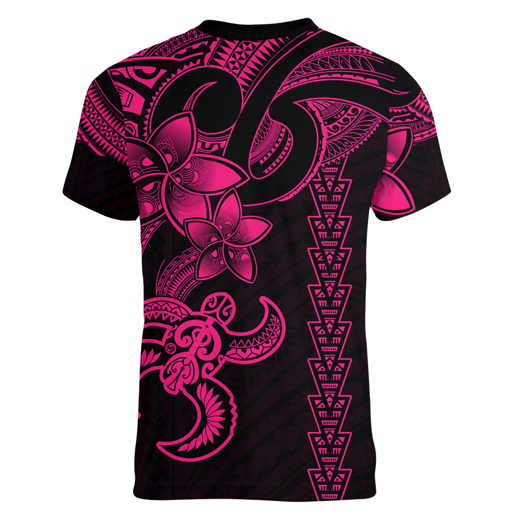 Hawaiian Tribal Women V Neck T Shirt Polynesian Kakau Turtle - Pink - Wonder Print Shop