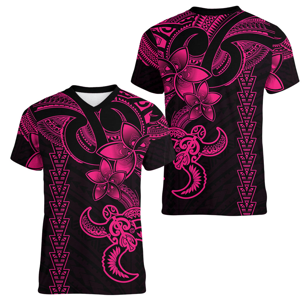 Hawaiian Tribal Women V Neck T Shirt Polynesian Kakau Turtle - Pink - Wonder Print Shop