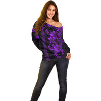 Hawaiian Tribal Off Shoulder Sweater Polynesian Kakau Turtle - Purple - Wonder Print Shop