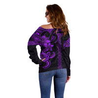 Hawaiian Tribal Off Shoulder Sweater Polynesian Kakau Turtle - Purple - Wonder Print Shop