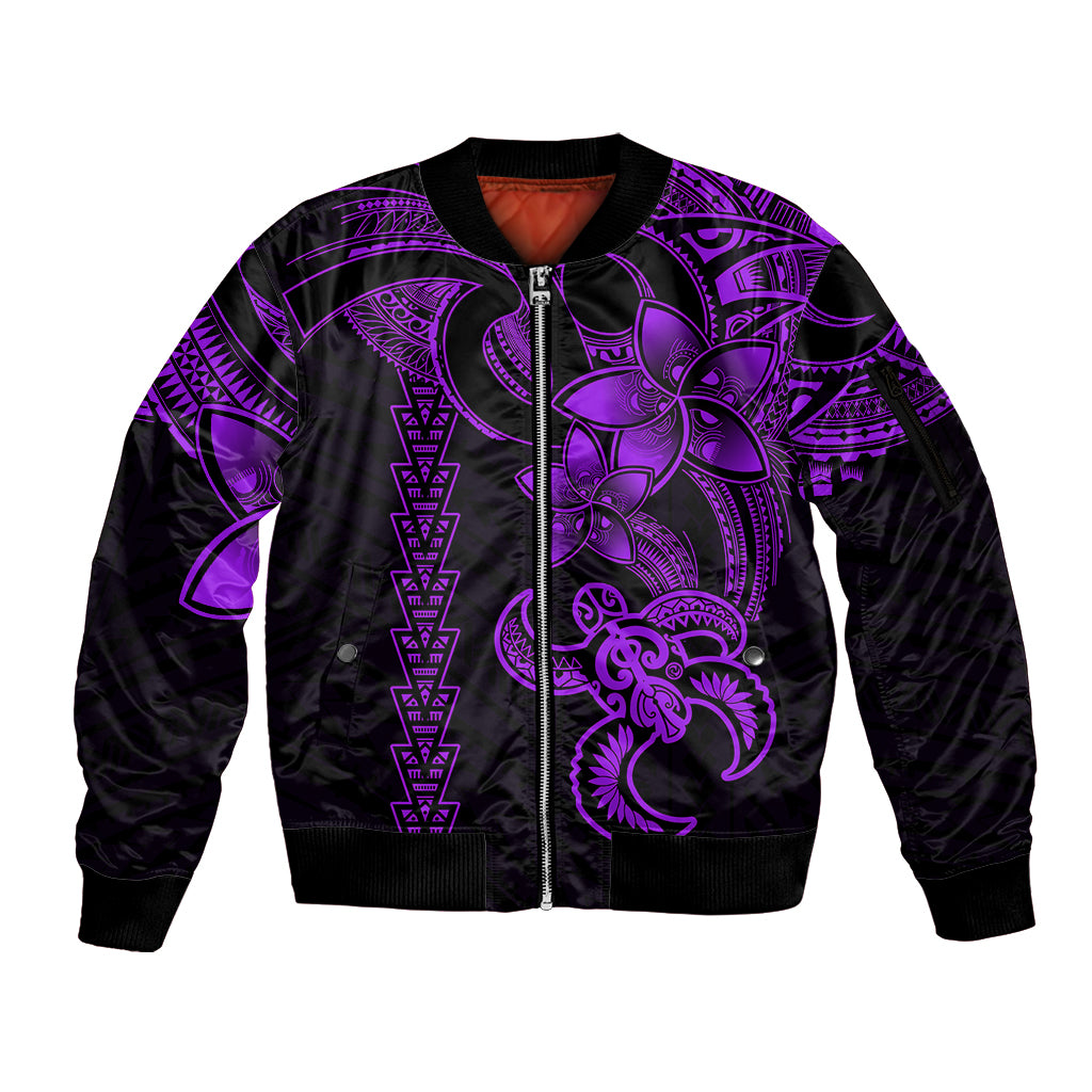 Hawaiian Tribal Sleeve Zip Bomber Jacket Polynesian Kakau Turtle - Purple - Wonder Print Shop