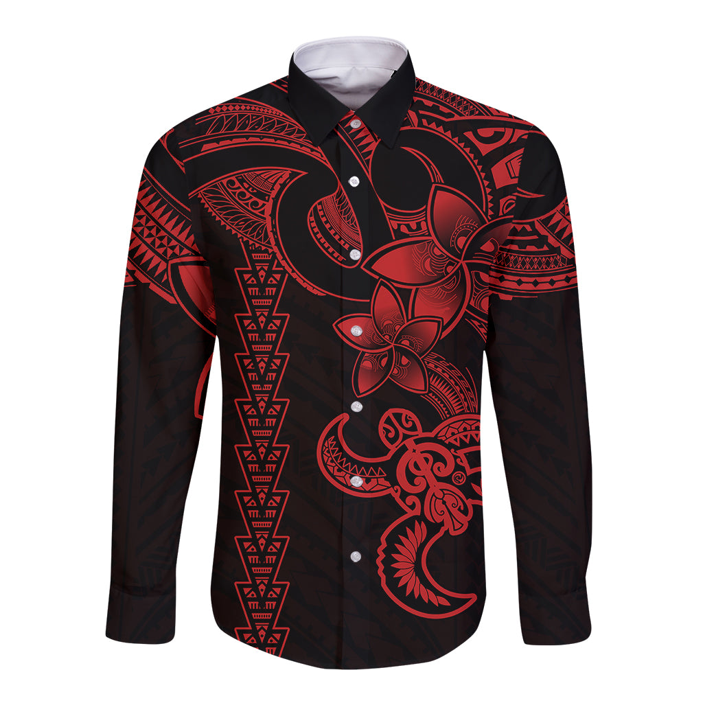 Hawaiian Tribal Long Sleeve Button Shirt Polynesian Kakau Turtle - Red - Wonder Print Shop