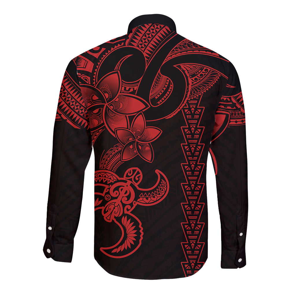 Hawaiian Tribal Long Sleeve Button Shirt Polynesian Kakau Turtle - Red - Wonder Print Shop