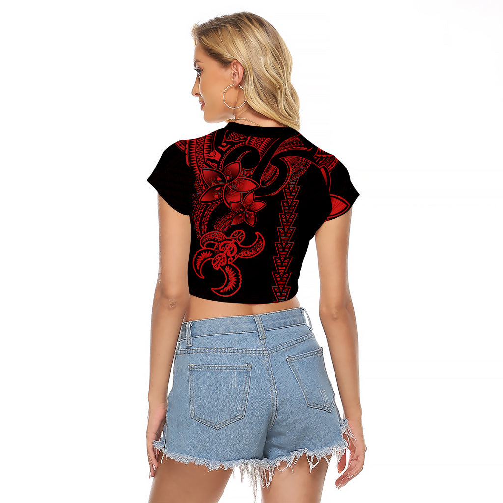Hawaiian Tribal Raglan Cropped T Shirt Polynesian Kakau Turtle - Red - Wonder Print Shop