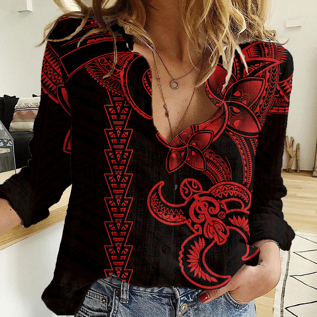Hawaiian Tribal Women Casual Shirt Polynesian Kakau Turtle - Red - Wonder Print Shop