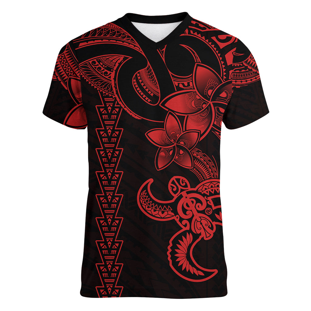 Hawaiian Tribal Women V Neck T Shirt Polynesian Kakau Turtle - Red - Wonder Print Shop