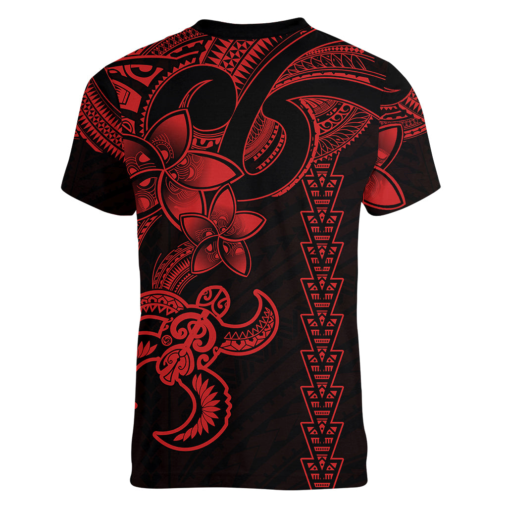 Hawaiian Tribal Women V Neck T Shirt Polynesian Kakau Turtle - Red - Wonder Print Shop
