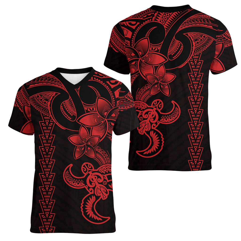 Hawaiian Tribal Women V Neck T Shirt Polynesian Kakau Turtle - Red - Wonder Print Shop