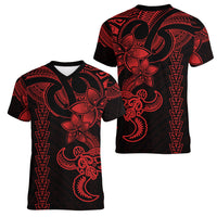 Hawaiian Tribal Women V Neck T Shirt Polynesian Kakau Turtle - Red - Wonder Print Shop