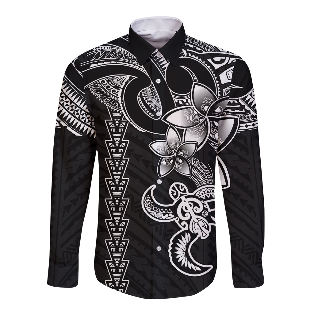 Hawaiian Tribal Long Sleeve Button Shirt Polynesian Kakau Turtle - White - Wonder Print Shop