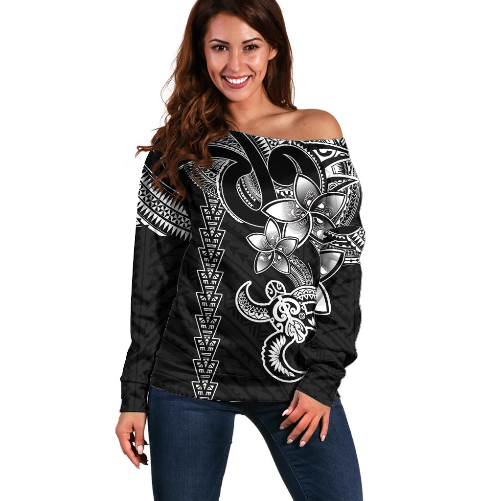 Hawaiian Tribal Off Shoulder Sweater Polynesian Kakau Turtle - White - Wonder Print Shop