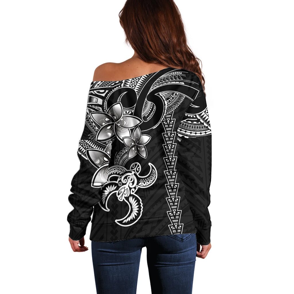 Hawaiian Tribal Off Shoulder Sweater Polynesian Kakau Turtle - White - Wonder Print Shop