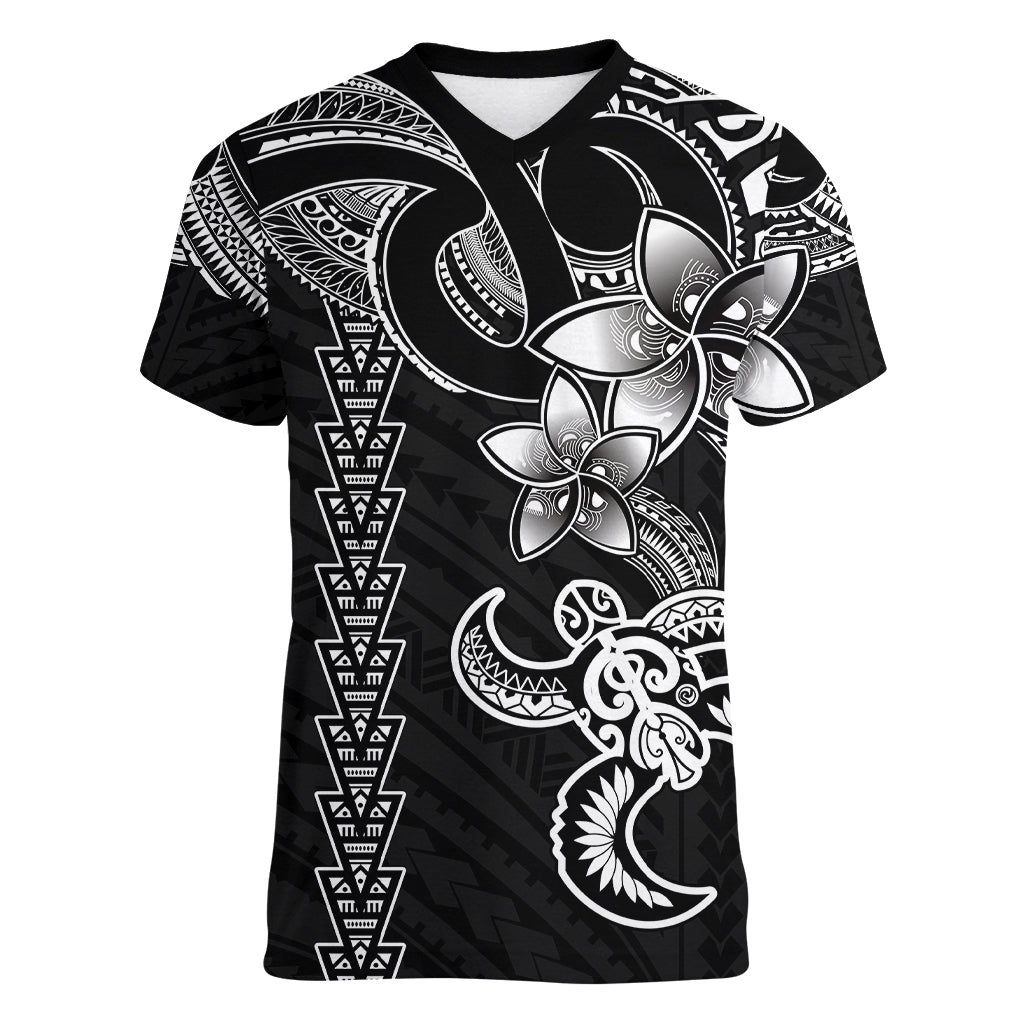 Hawaiian Tribal Women V Neck T Shirt Polynesian Kakau Turtle - White - Wonder Print Shop