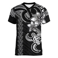 Hawaiian Tribal Women V Neck T Shirt Polynesian Kakau Turtle - White - Wonder Print Shop