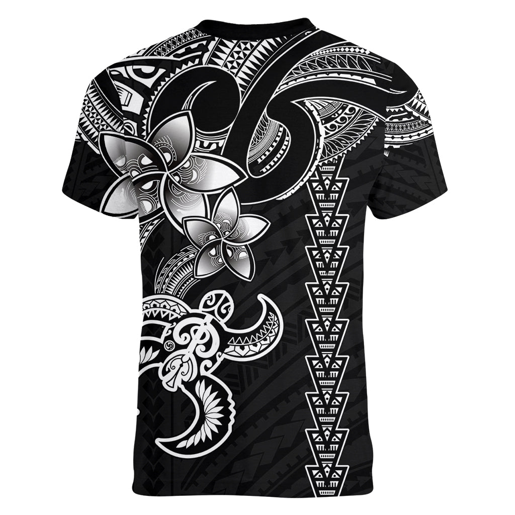 Hawaiian Tribal Women V Neck T Shirt Polynesian Kakau Turtle - White - Wonder Print Shop