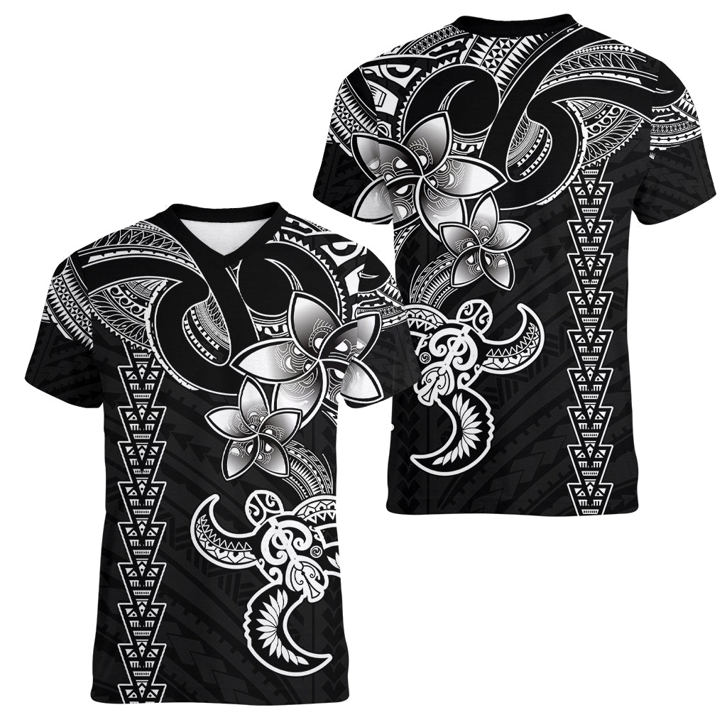 Hawaiian Tribal Women V Neck T Shirt Polynesian Kakau Turtle - White - Wonder Print Shop